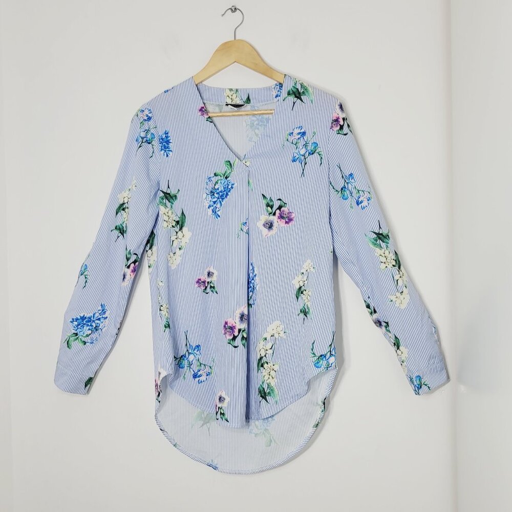 Another Story Womens Blue White Stripe Floral Print V-Neck High Low Blouse Small